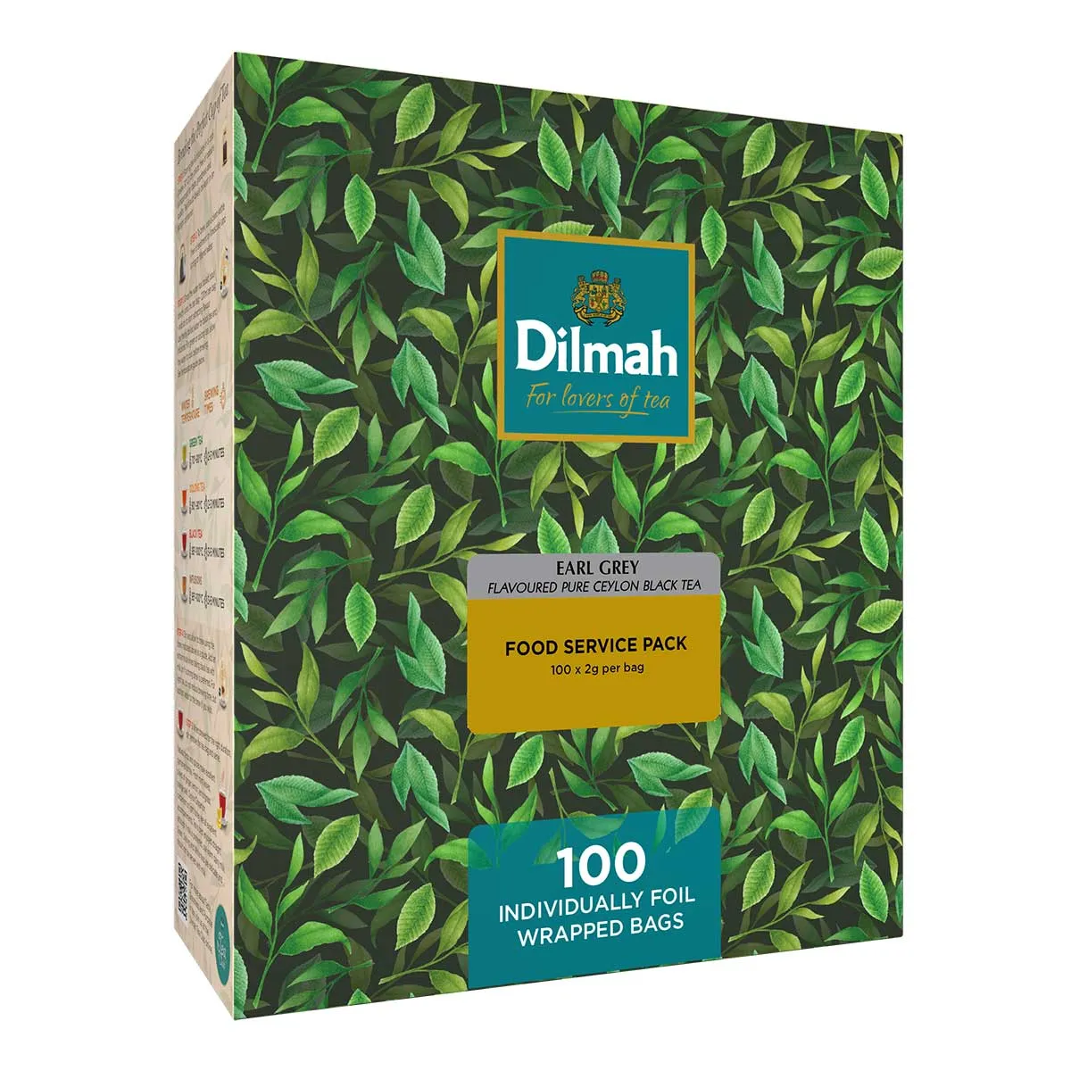 Carton with green leaves containing 100 tea bags of Dilmah Earl Grey