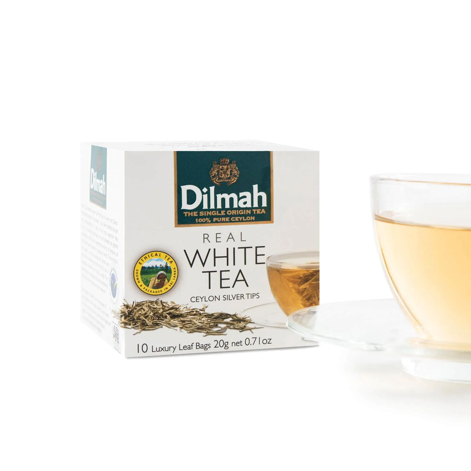 White tea in its packaging with a cup of white tea