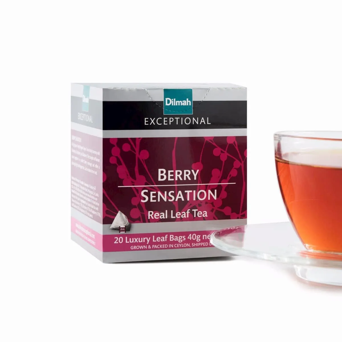 Berry Sensation carton with cup of tea
