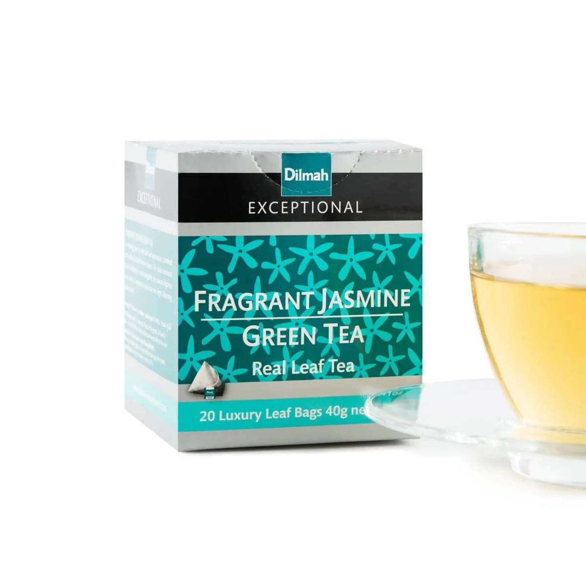 Pack of Fragrant Jasmine green tea with a cup of this tea