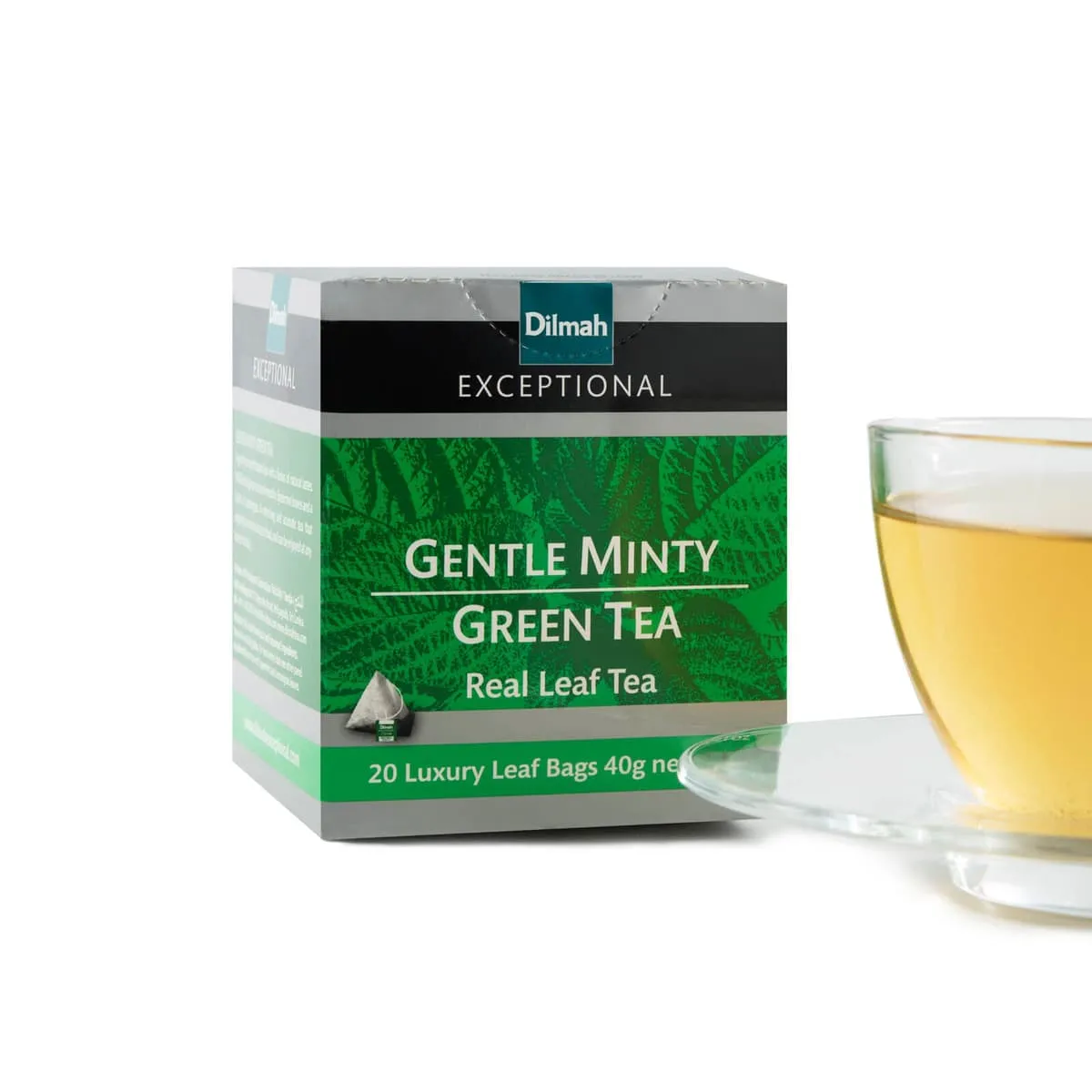 Minty green tea pack with cup of green tea