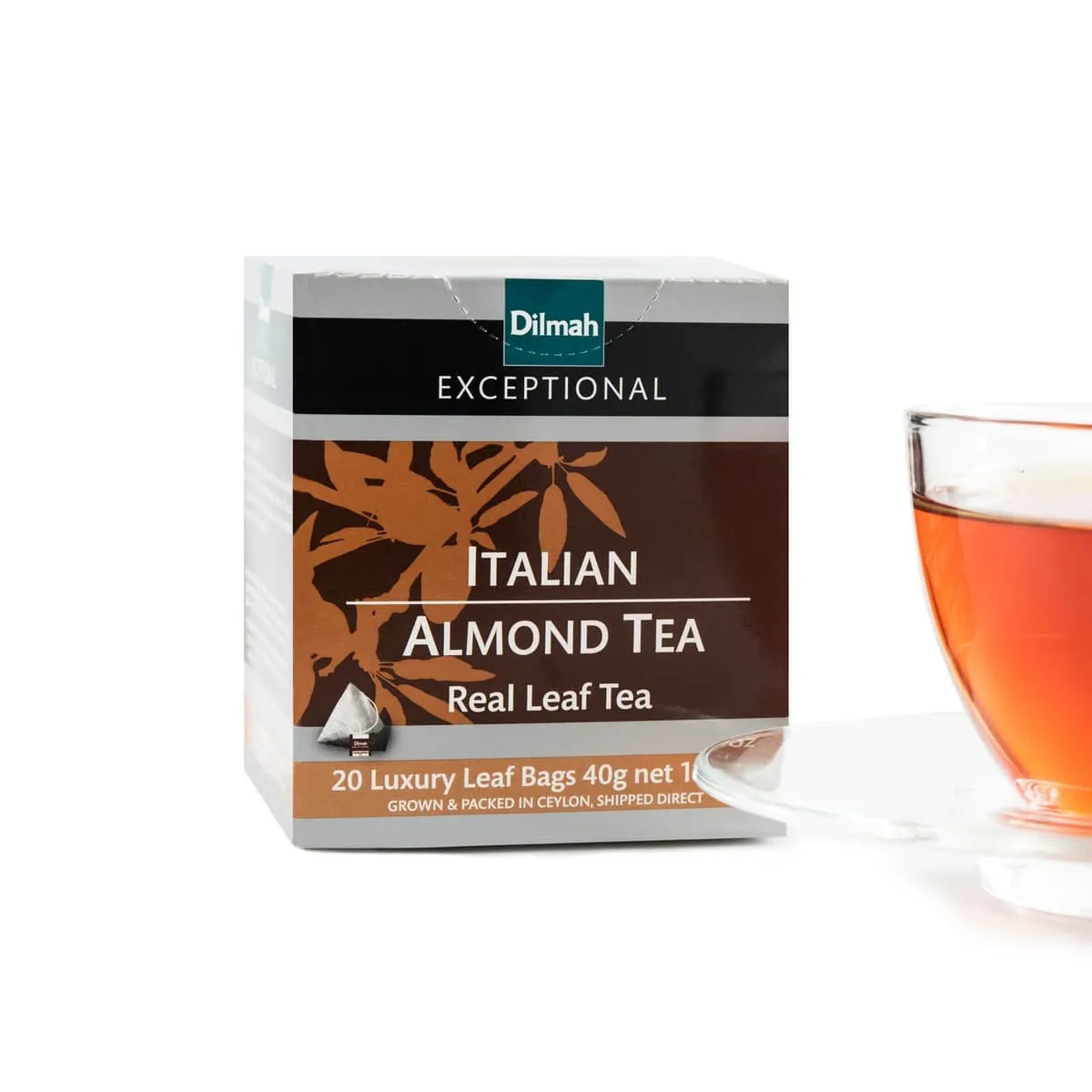 Pack of Italian Almond tea bags with cup of tea