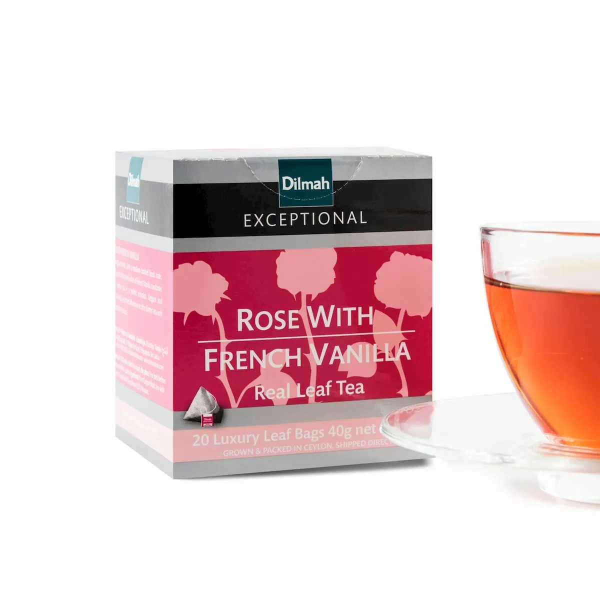Rose French Vanilla Dilmah Tea carton with cup of rose french vanilla tea