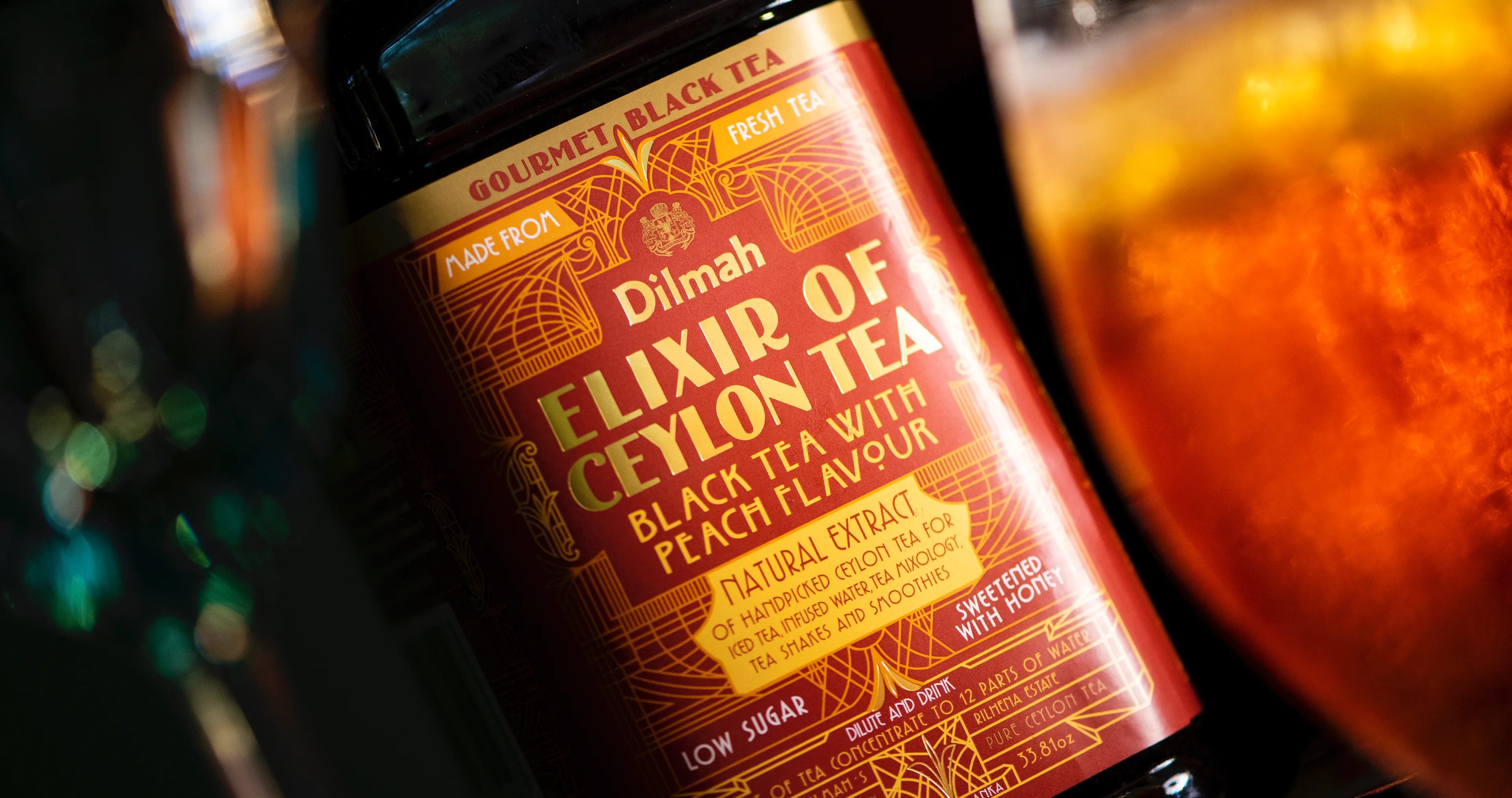 close-up of the label of a bottle of elixir of Ceylon black tea peach