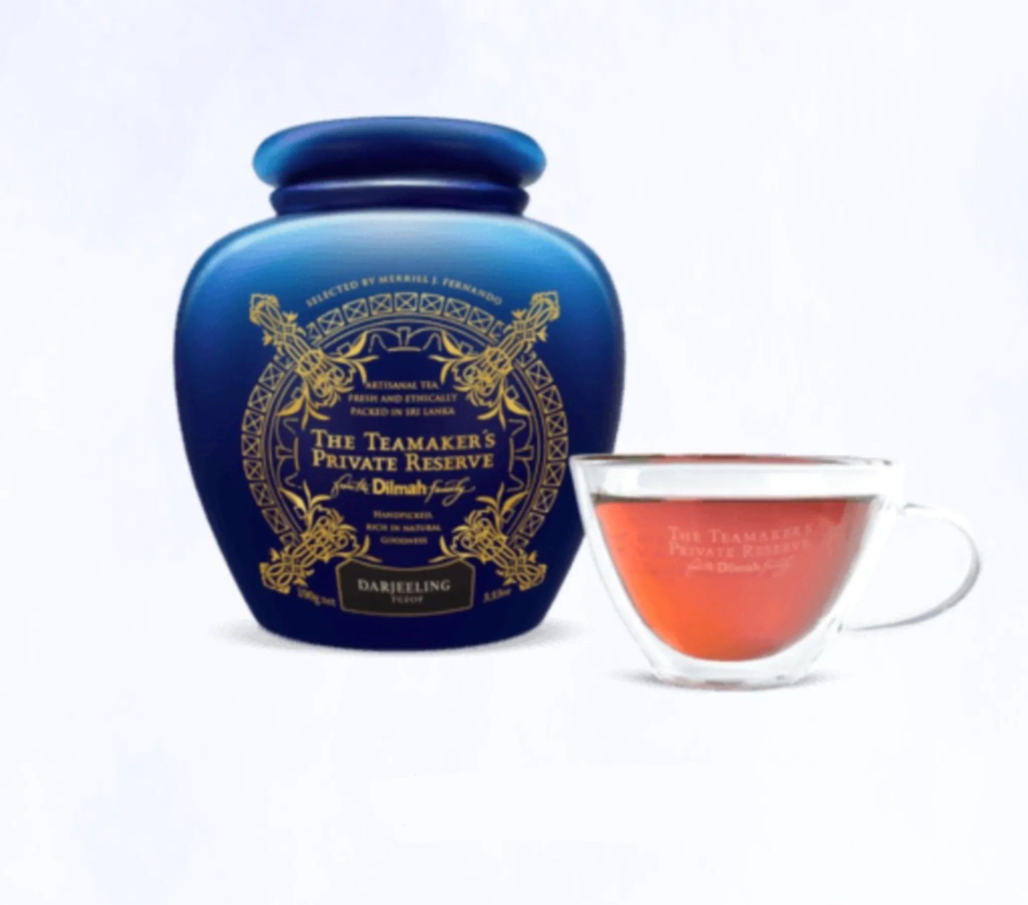 jar of Darjeeling TGFOP tea-maker's private reserve with a cup of it