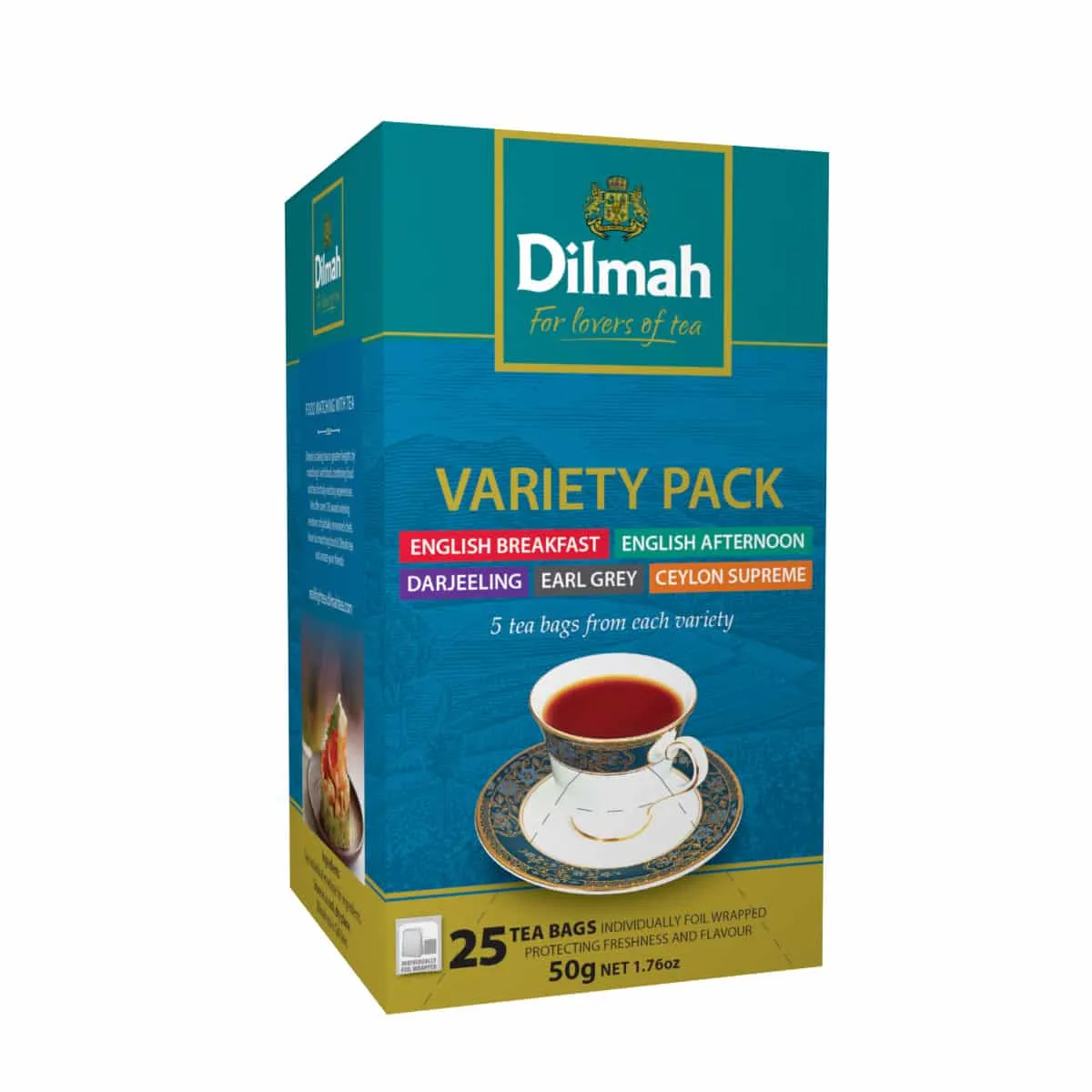 Variety Pack of 25 individually wrapped tea bags, 5 for each flavour.