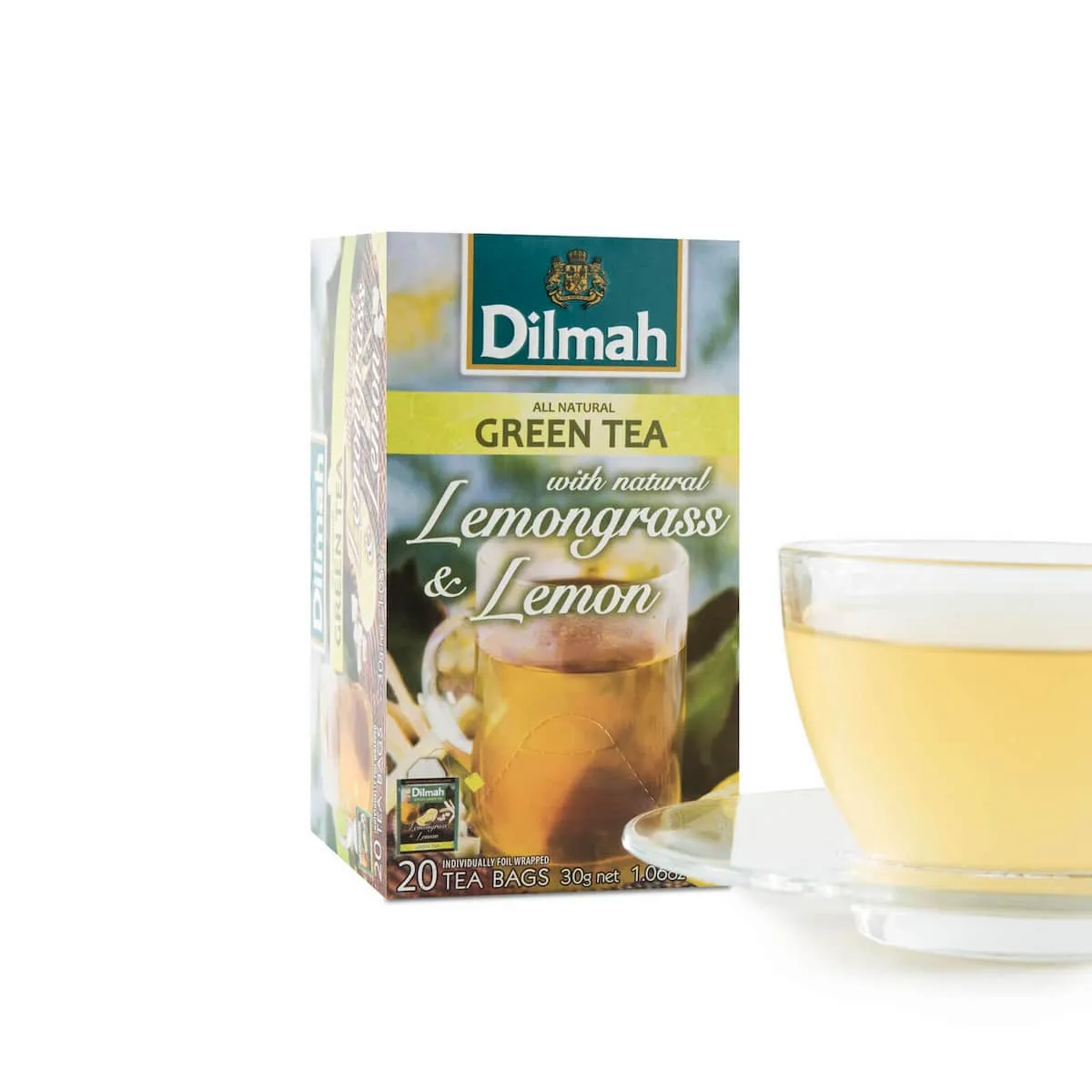 Pack of Lemongrass and Lemon green tea with a cup of this tea