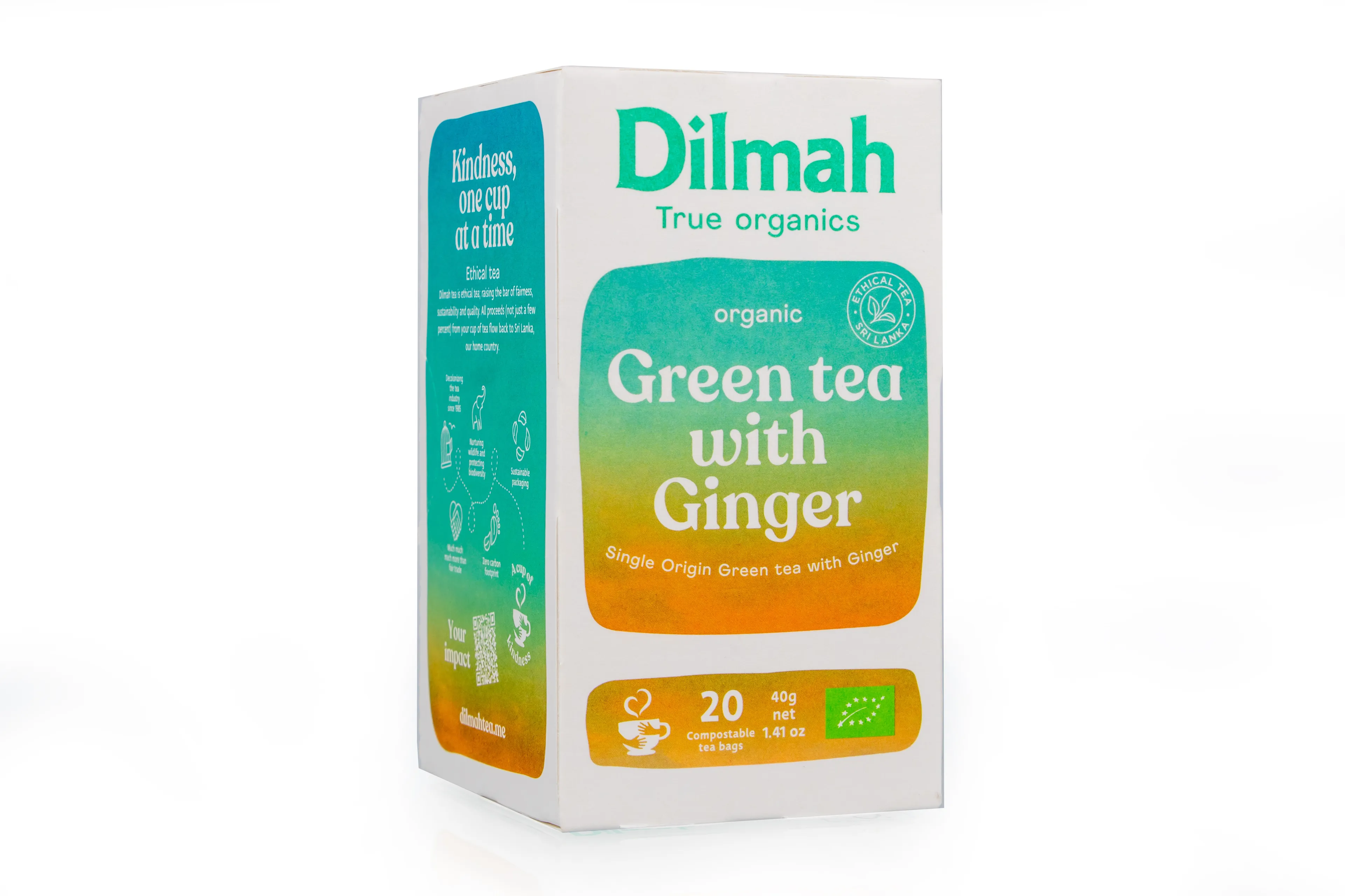 Pack of 20 individually wrapped tea bags of Organic Green Tea with Ginger