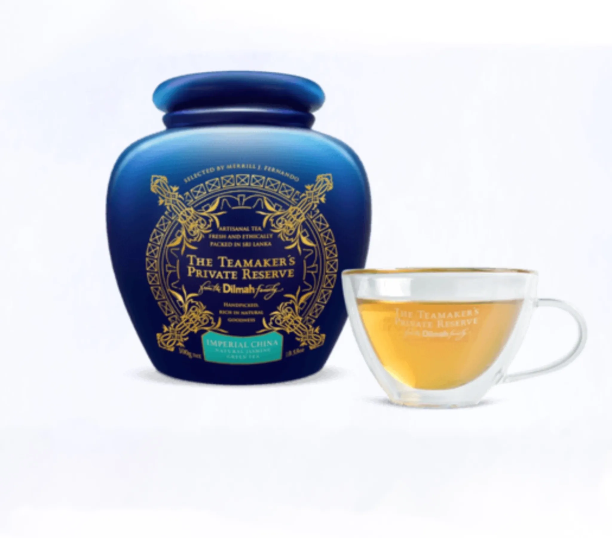 jar of Imperial China natural jasmine green tea tea-maker's private reserve with a cup of it