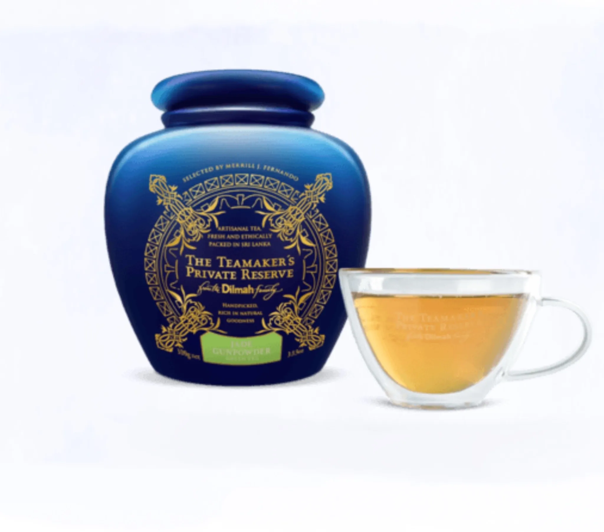 jar of Jade gunpowder green tea tea-maker's private reserve with a cup of it