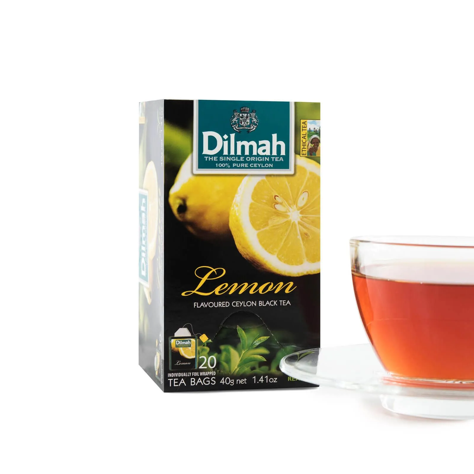 Pack of 20 individually wrapped tea bags of Lemon black tea and a cup of tea
