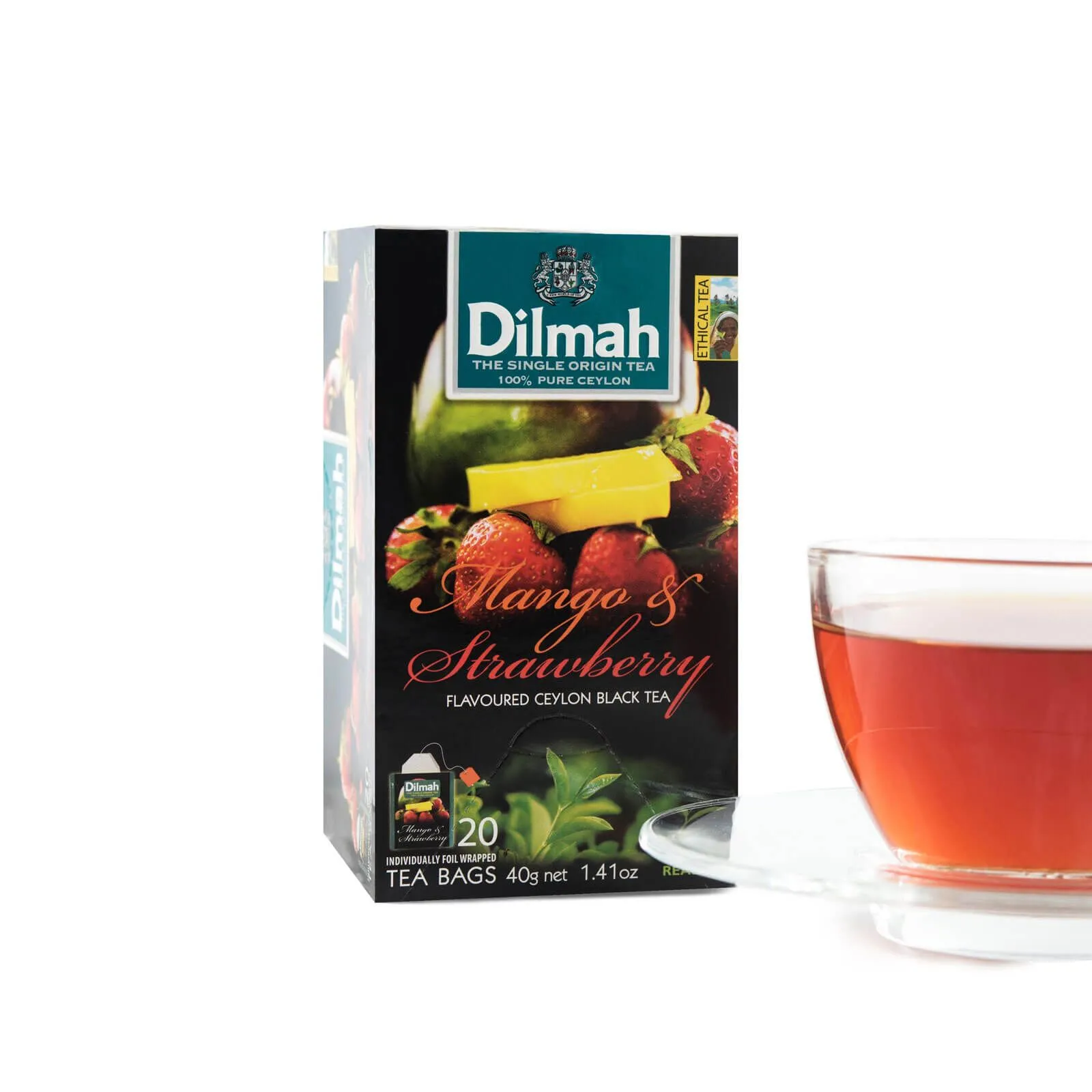 Pack of 20 individually wrapped tea bags of Mango & Strawberry black tea and a cup of tea