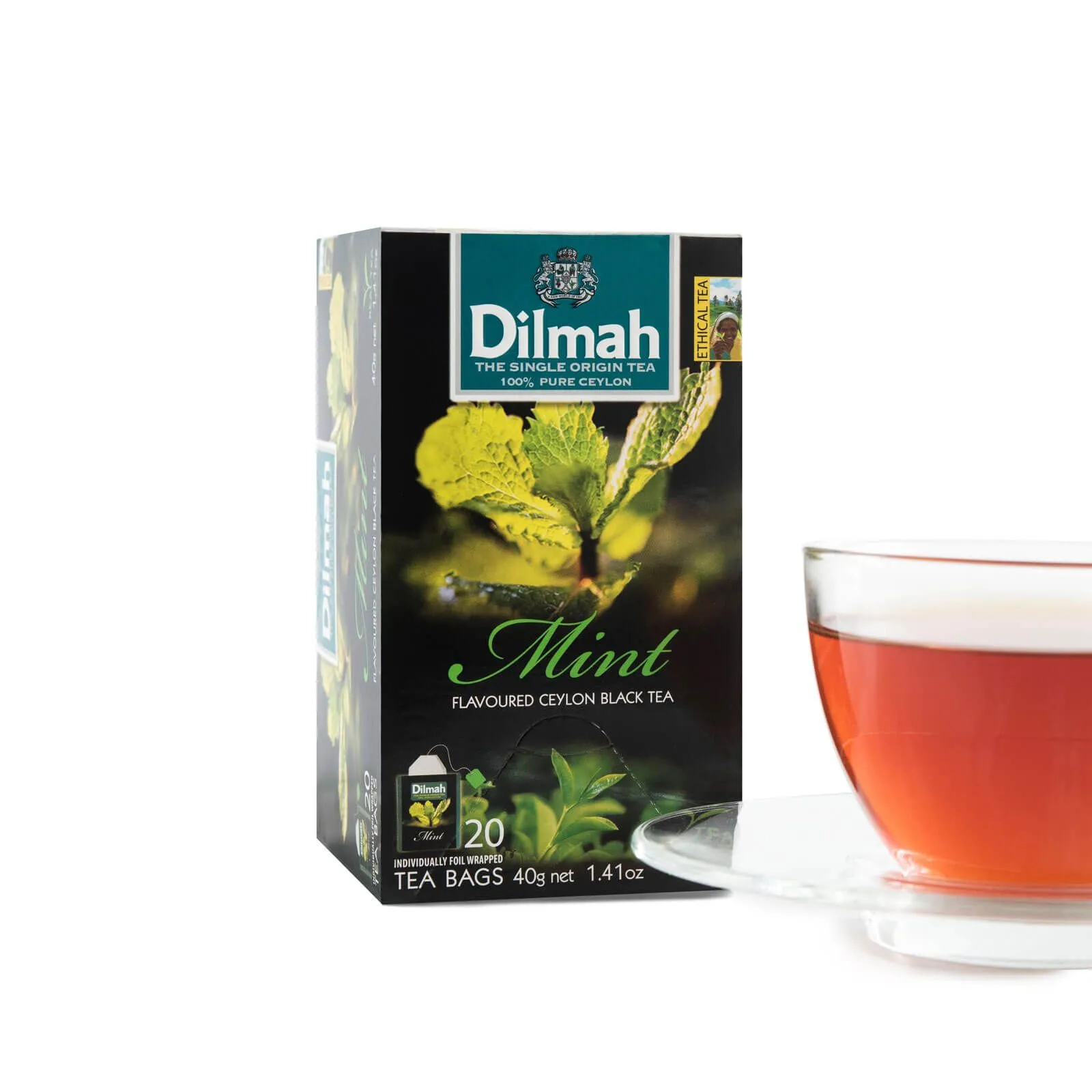 Pack of 20 individually wrapped tea bags of Mint black tea and a cup of tea