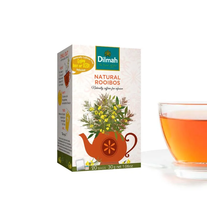 Pack of Natural Rooibos tea bags with cup of tea