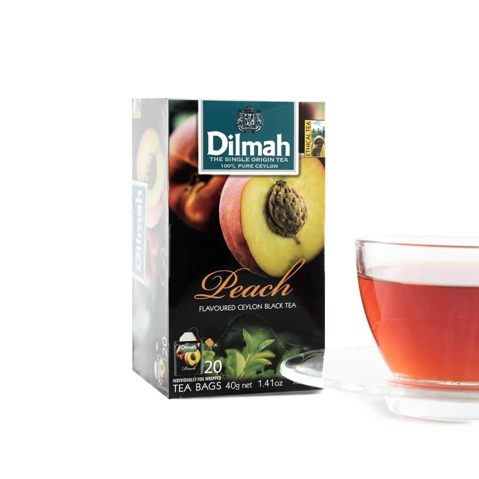 Pack of Peach flavoured Black tea tea bags with cup of tea