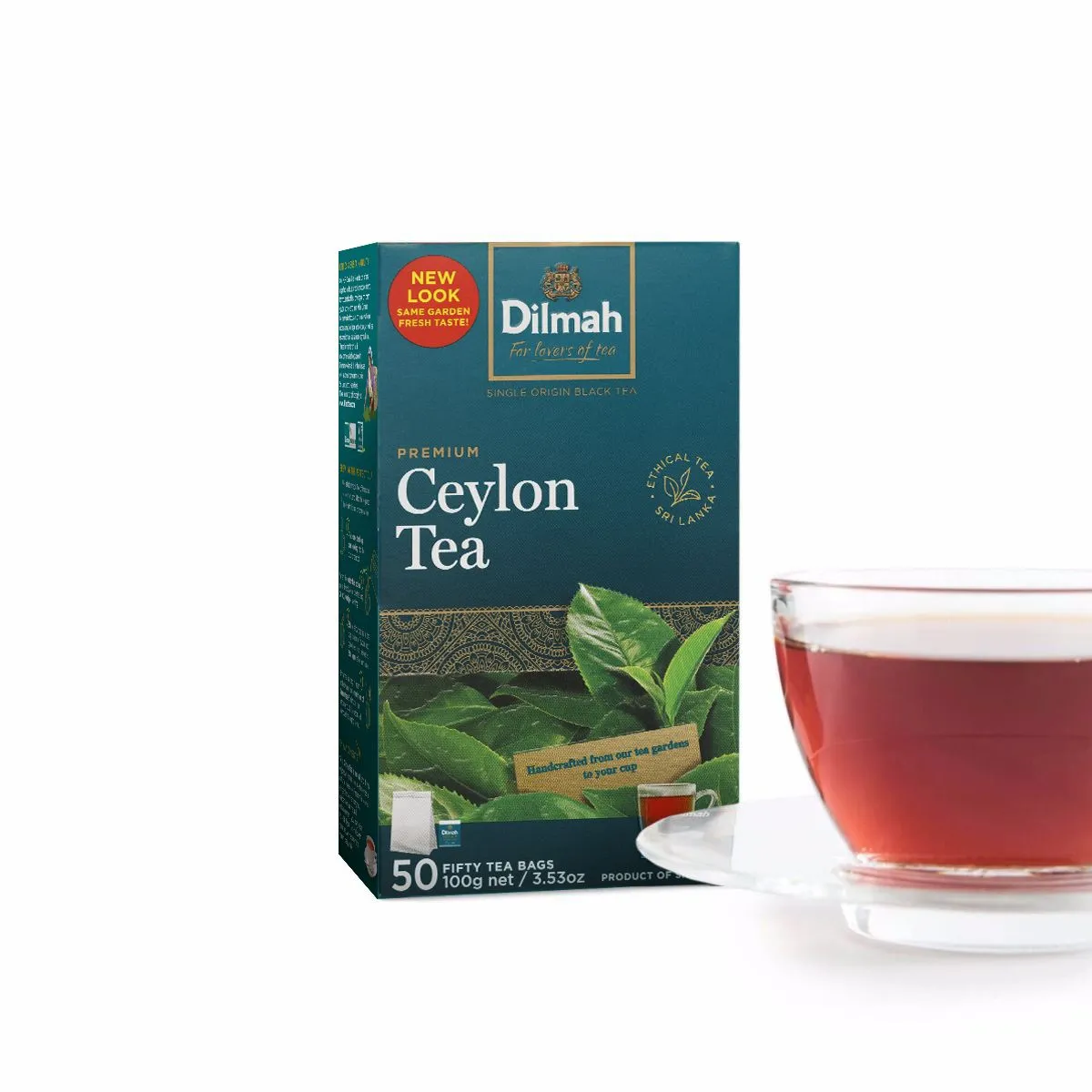 Pack of 50 tea bags of Premium Ceylon black tea with cup