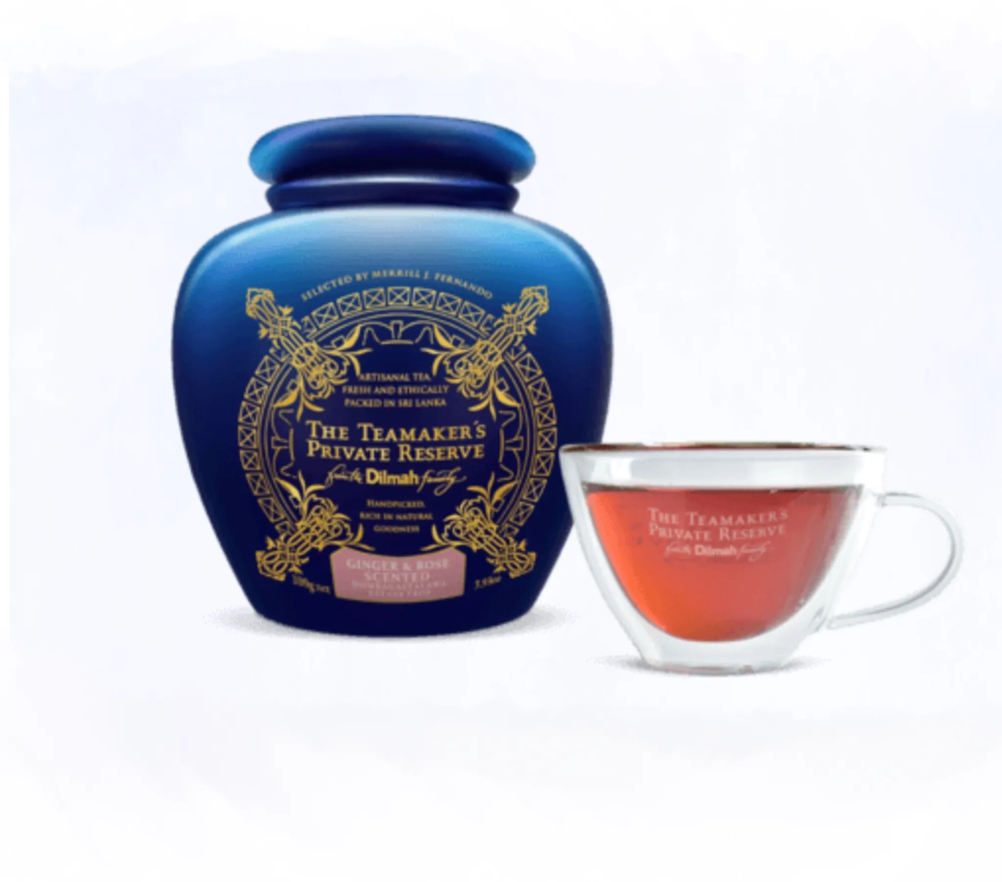 jar and tea cup of rose and ginger Doombagastalawa black tea
