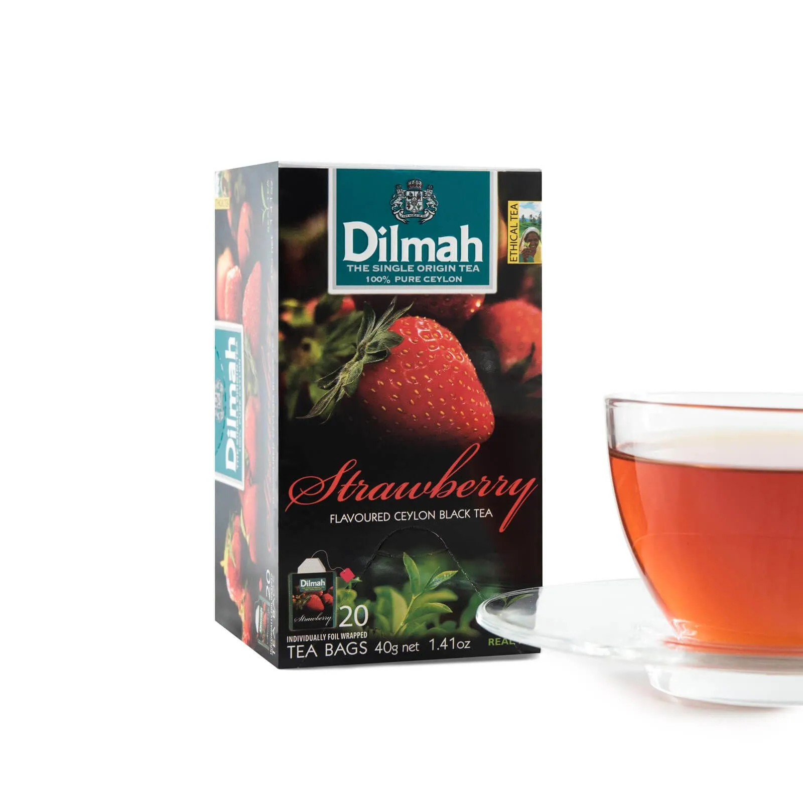 Pack of 20 individually wrapped tea bags of Strawberry black tea and a cup of tea