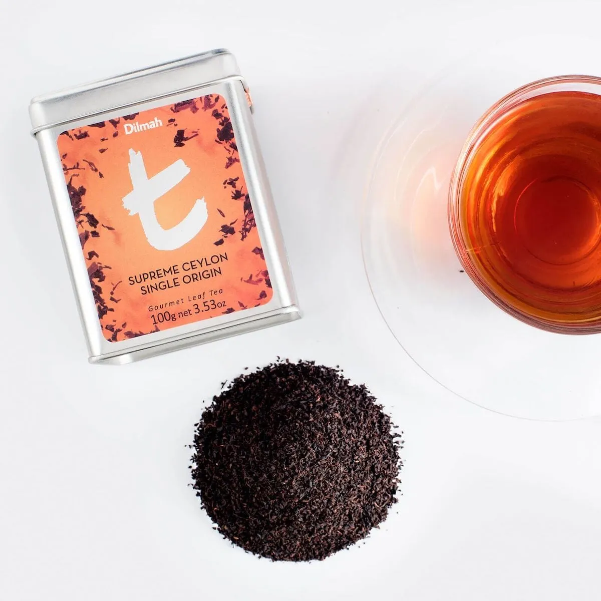 Tin, cup, and loose leaf Supreme Ceylon Single Origin tea
