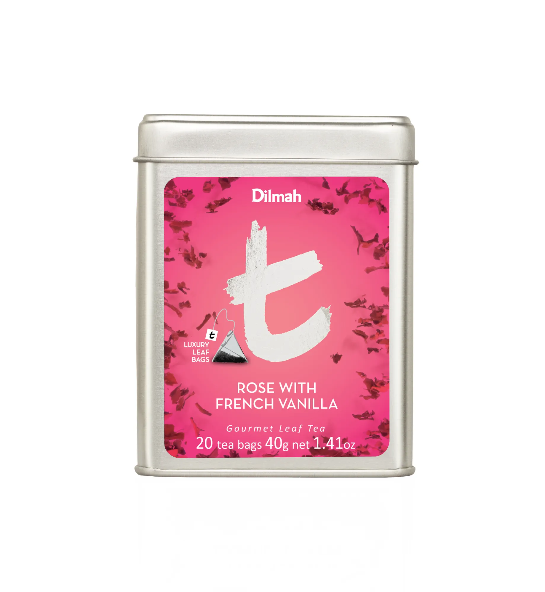 20 tea bags of Rose with French vanilla black tea in tin