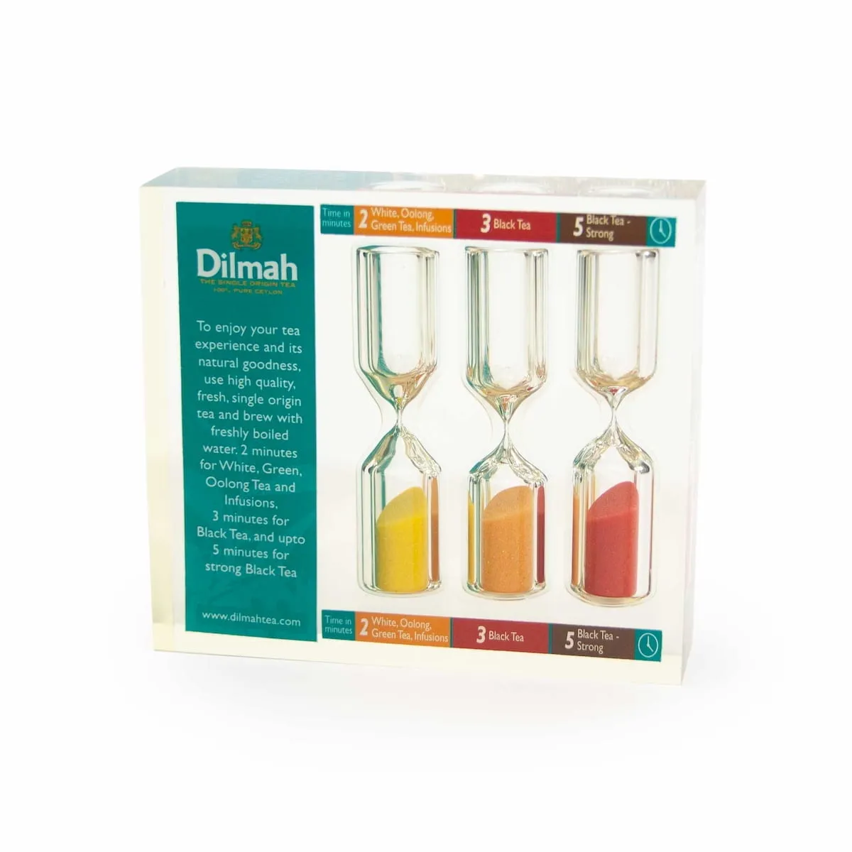 Dilmah tea timer with three hourglasses of 2, 3, and 5 minutes